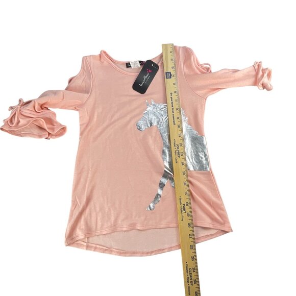 Love Alexa Girls Top Size M Unicorn Print Top Pink Ruffled Tie Sleeves Rayon Ble - Picture 8 of 8